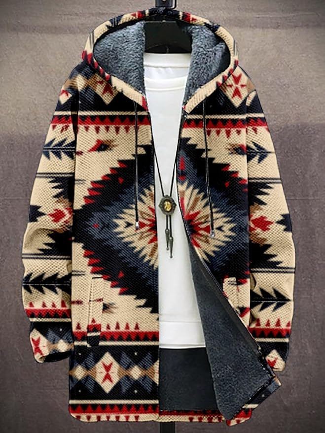 2025 Men's Ethnic Pattern Hooded Jacket Long Cardigan Hoodies Full Zip Vintage Knitted Zipper Coat with Pocket