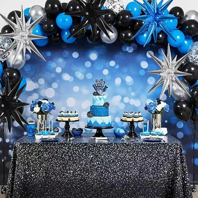 TONIFUL 8 Pcs Blue Silver Black Foil Balloons Large Star Balloons Explosion Star Mylar Balloons for Party Backdrop Christmas New Year Birthday Wedding Baby Shower Anniversary Photo Booth Supplies