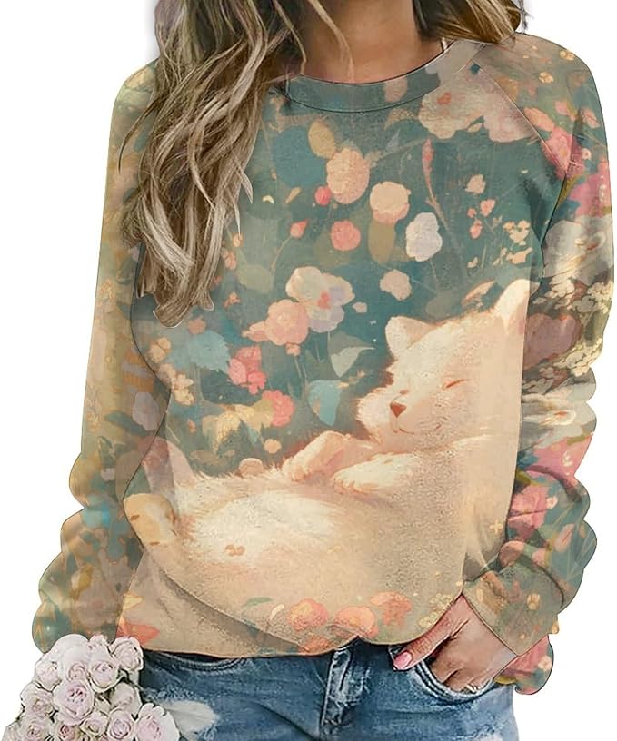 Sweatshirt for Women Cat Print Fashion Funny Plus Size Ladies Dressy Crewneck Casual Trendy Tee Shirts