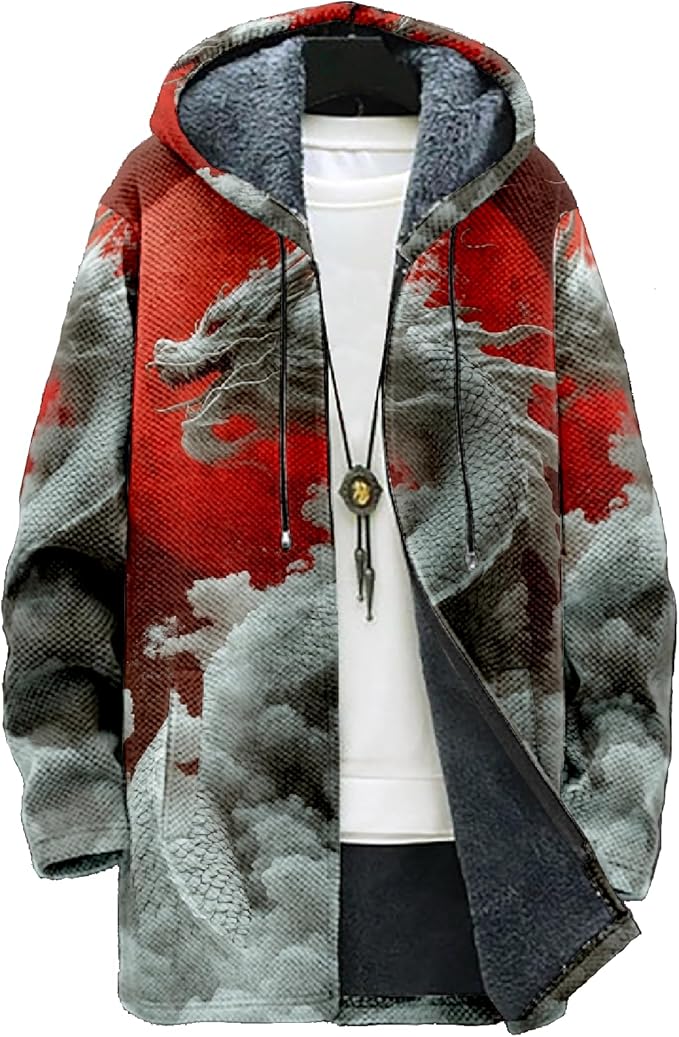 Mens Hooded Cardigan Japanese Art Zip Up Long Sleeve Sweater Hoodie Dragon Print Coat with Pockets