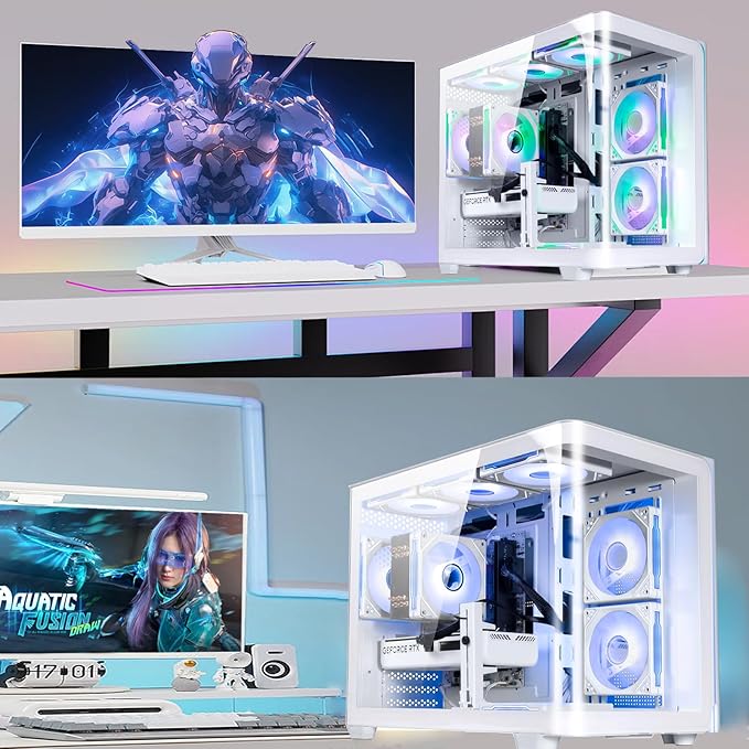 Pre Built Desktop Gaming PC DDR5 32GB, RTX 5060 8GB, Ryzen 7 8700F 8Cores 4.1G Up to 5G, 1TB NVMe SSD, WiFi 6 Tower Computer for Gamer, Home and Office White 4K VR 8K