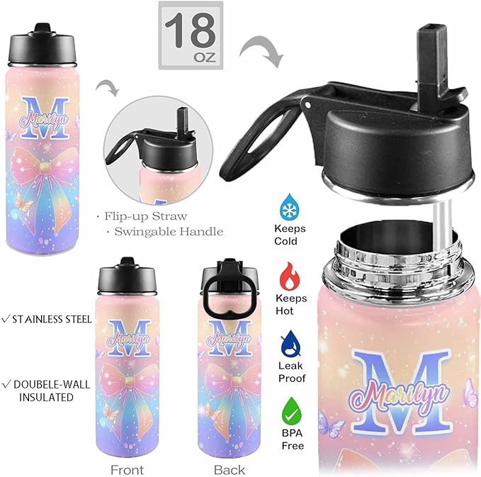 VIPOPSA Custom Kids Insulated Water Bottle 18oz Personalized Water Bottle With Straw Lid Gifts For Girls Boys School Sports Bottles