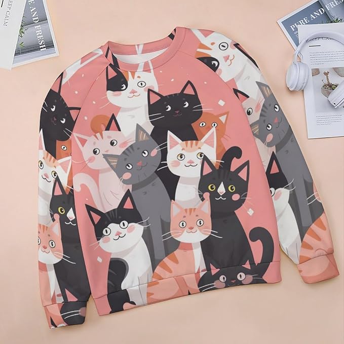 Fall Sweaters for Women 2024 Cat Print Long Sleeve Casual Crewneck Warm Fall Pullover Comfy Fashion Sweatshirts