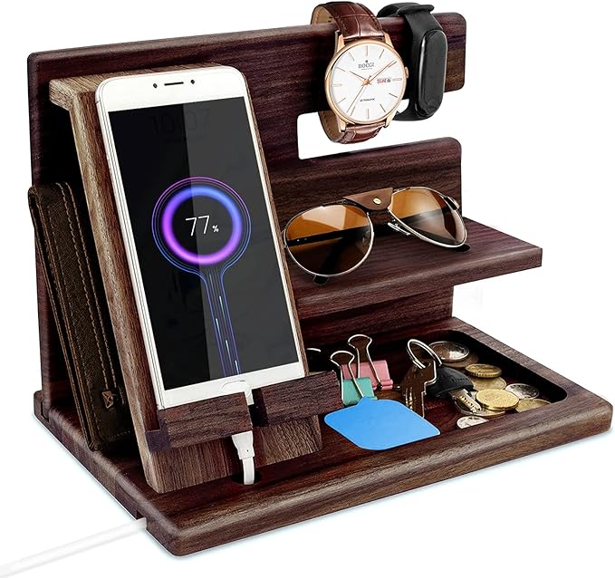 Gifts for Men Bedside Organiser Wood Phone Docking Station Dad Birthday Gifts for Him Nightstand Key Wallet Watch Stand Mens Gifts for Xmas Presents for Dad Husband Boyfriend Anniversary & Christmas
