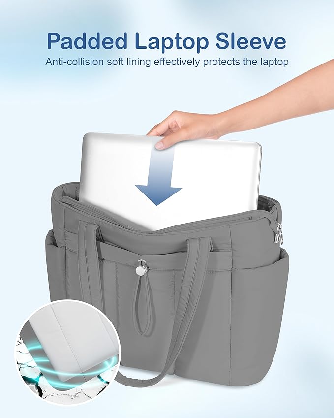 TOPDesign Puffy Tote Bag for Women with Cup Holder & Laptop Compartment & Cosmetic Bag & Trolley Sleeve for Work, Travel