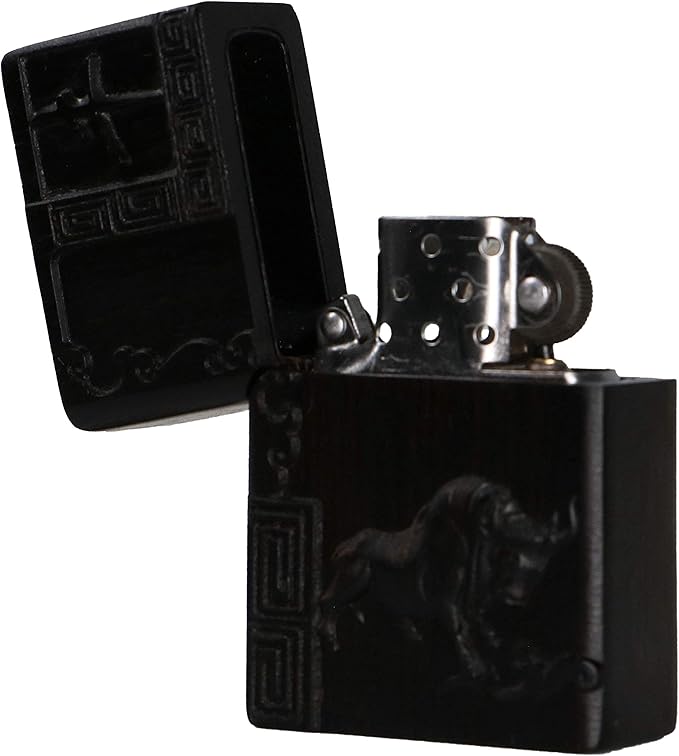 Natural Ebony Black Wood Carved Lighter Shell Box For Zippo Module (Zodiac Ox)