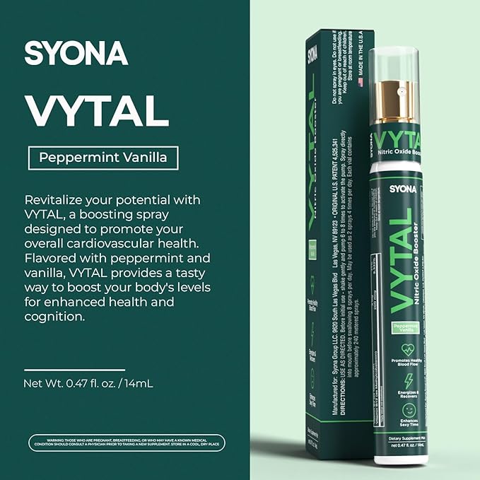 SYONA - VYTAL - Boosting Spray - Cardiovascular and Cognitive - Peppermint and Vanilla Flavor - B12, B3, L-Arginine - 14ml Pump Bottle