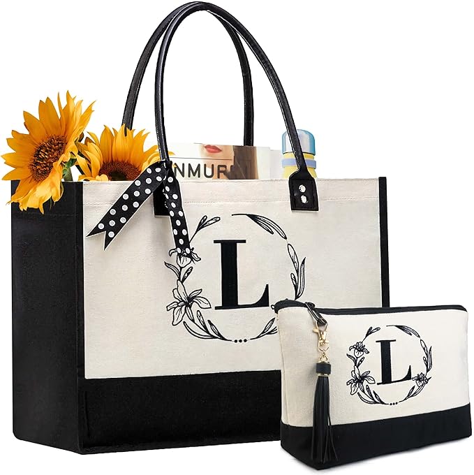 BeeGreen Christmas Gifts Birthday Teacher Appreciation Gift for Mom Women Friends Mother Initial Canvas Tote Bags Personalized Embroidery Monogram Bags with Leather Handle L