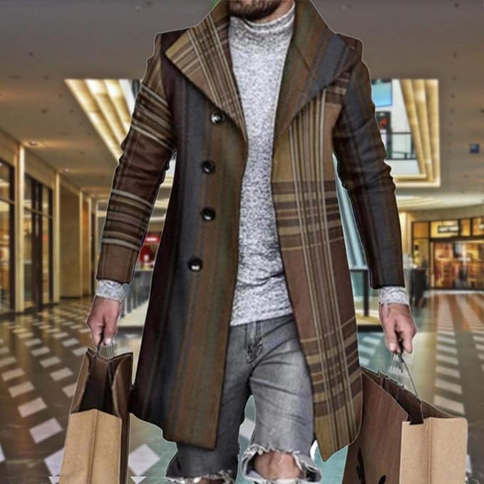 Men's Plaid Long Trench Coat Mid - Length Lapel Collar Button Down Warm Overcoat for Winter & Autumn Fashion