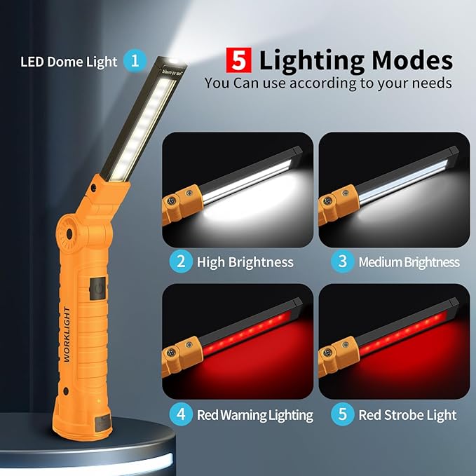 Suranew Rechargeable LED Work Light for Mechanics - Yellow Magnetic Base 360° Rotatable Flashlight, 5 Modes Valentine’s Day Gifts for Men Him - Ideal for Car Repair, Camping & Workshop Tools