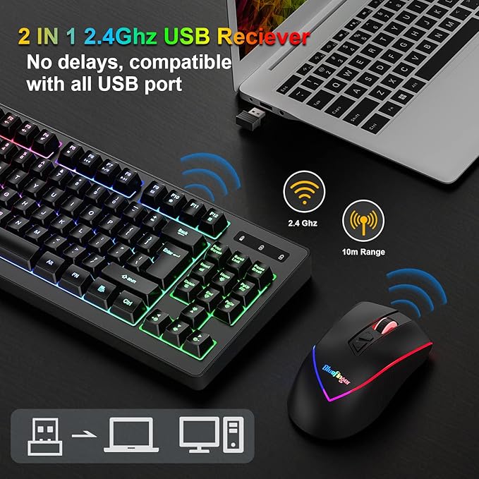 BlueFinger Wireless Keyboard and Mouse Combo, Long Lasting Rechargeable Battery 87 Keys RGB Rainbow Backlit Gaming Keyboard & Ergonomic Light Up Gaming Mouse for Mac Laptop Computer PC Gamer