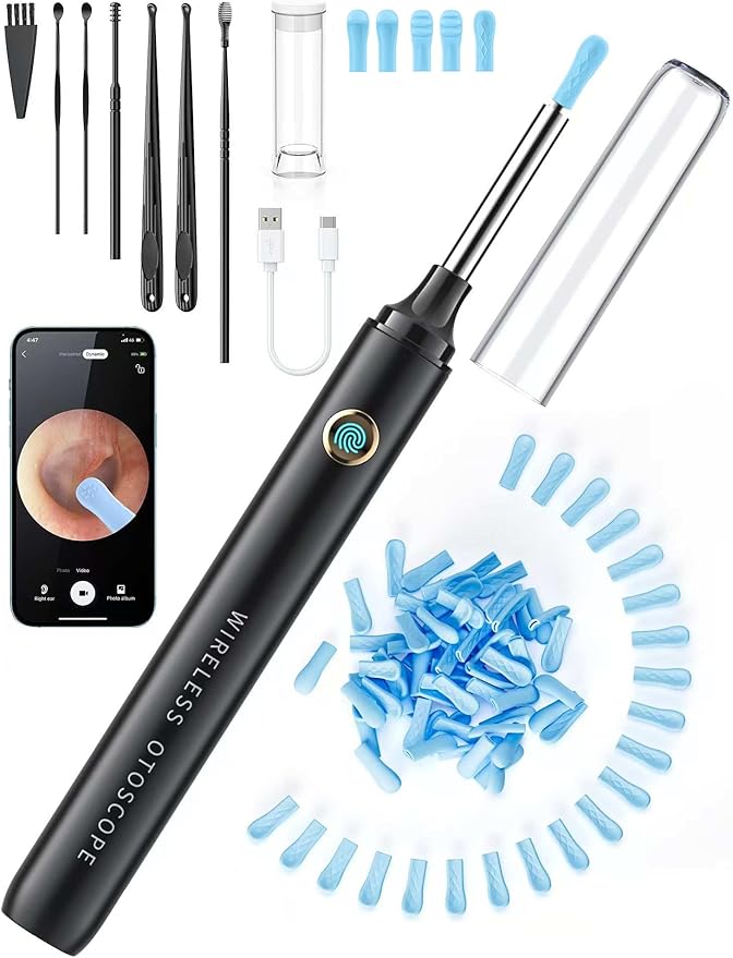 Ear Wax Removal Tool Camera - Ear Cleaner with 1080P HD Camera, Otoscope with Light, Earwax Removal Kit with 50 Replacement Tips for iPhone, iPad, Android Phones (Black)