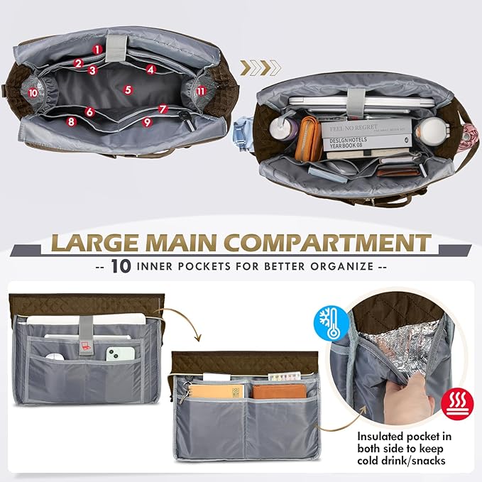 RAINSMORE Teacher Tote Bag 15.6 inch Laptop Bag for Women Work Bags Laptop Tote Nurse Bag Professional Computer Messenger with Insulated Pocket, Laptop Briefcase for Office, College, Nursing, Coffee