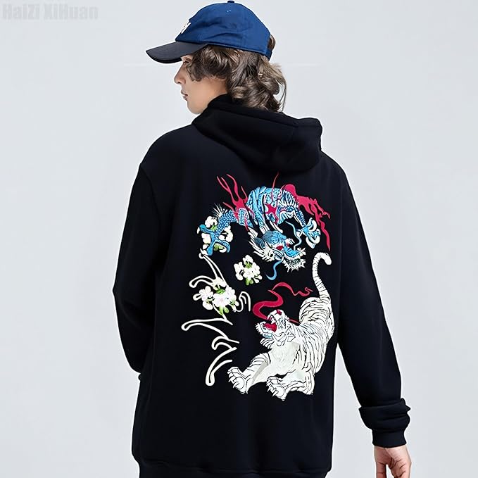Streetwear Men's Dragon Embroidered Heavyweight Graphic Hoodies Japanese Techwear baggy Anime Hoodie
