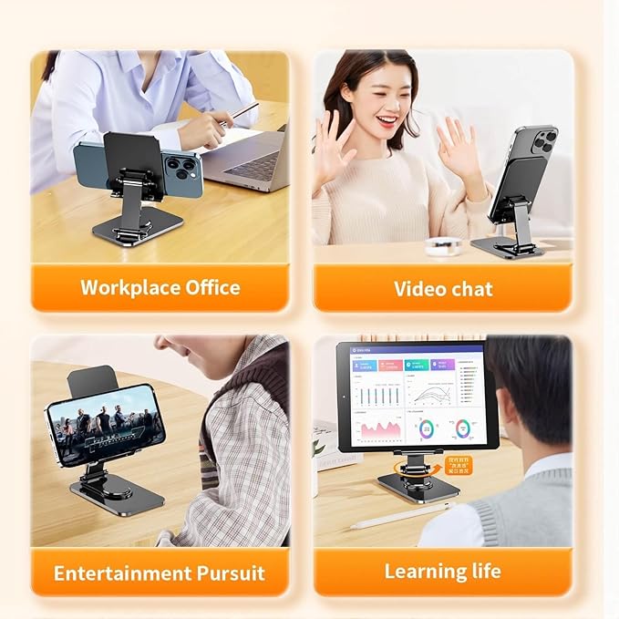 4 Joints 360° Rotating Cell Phone Stand for Desk, Adjustable Folding Phone Stand with Soft Non-Slip Silicone Pads, Stable Scratch-Free Support for iPhone & Android, Black