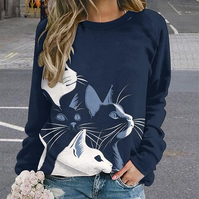 Long Sleeve Shirt Women Fall Cat Print Funny Hide Belly Vacation Plus Size Ladies Hippie Dressy Sweaters