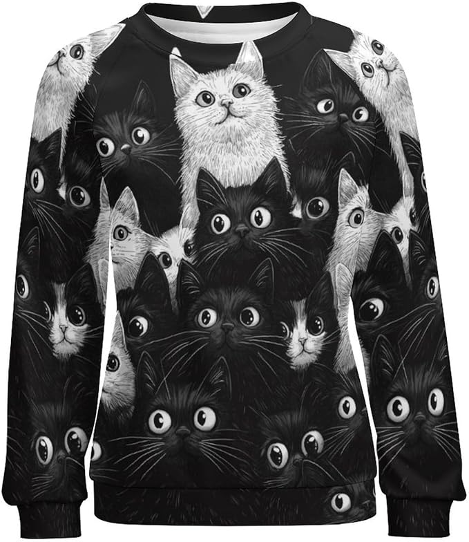 Fall Sweaters for Women 2024 Cat Print Long Sleeve Casual Crewneck Warm Fall Pullover Comfy Fashion Sweatshirts