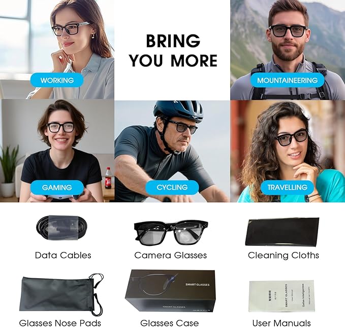 Smart Glasses with Camera, 8MP HD Camera Glasses, 1200P Video Recording Glasses With AI Assistant, Real-Time 139-Language Translation, Color-Change Lenses, Bluetooth Eyeglasses for Indoor Outdoor Use