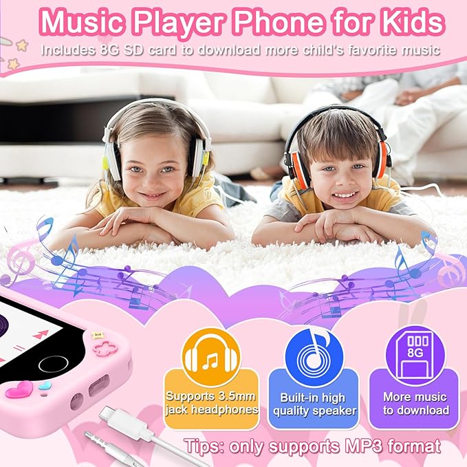 Kids Smart Phone for Girls Toys, Gifts for 3-10 Year Old Girl Boy Christmas Birthday Kids Toys, 2.8" Touchscreen Toddler Learning Cell Toy Phone with Dual Camera, Game, Music Player, 8GB Card Pink