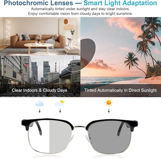 AI Smart Glasses, Bluetooth Audio Glasses with Real-Time Translator for 164 Languages, No Subscription for APP, Photochromic Lens, Spring Hinges, Bluetooth Glasses for Travel/Work/Study(Silver)