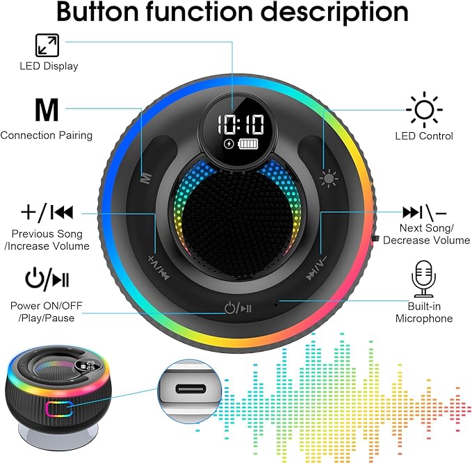 Bluetooth Speaker, Stereo Sound Shower Speaker, IPX7 Waterproof, Digital Display Portable Speaker with Suction Cup, LED Light, Small Wireless Speakers for Outdoor Party Beach Bathroom, Orange