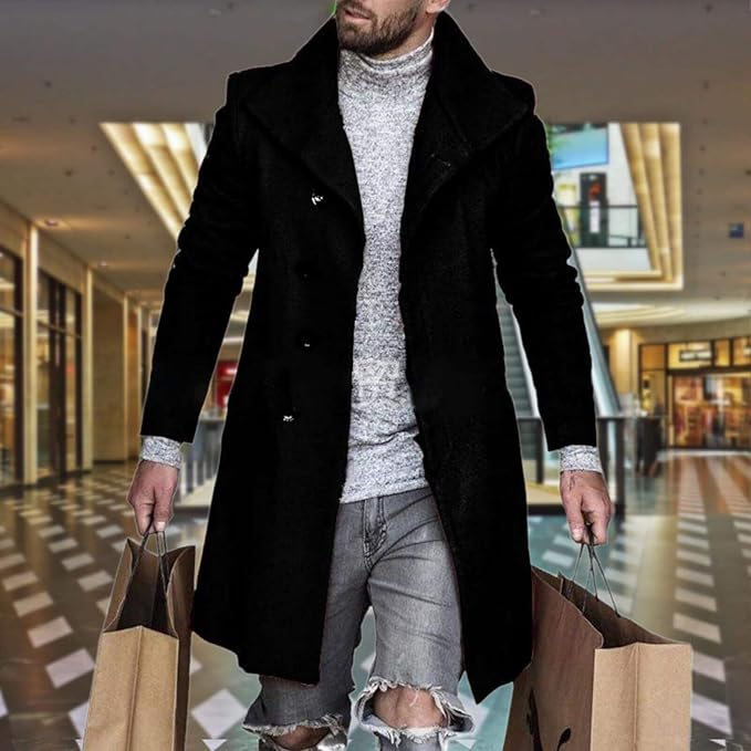 Men's Plaid Long Trench Coat Mid - Length Lapel Collar Button Down Warm Overcoat for Winter & Autumn Fashion
