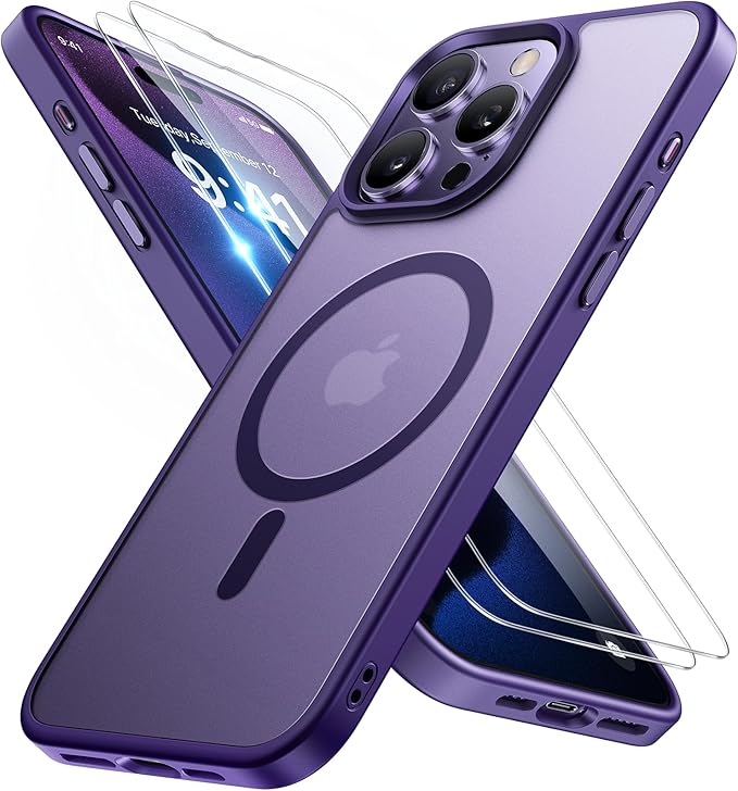 Miracase Magnetic for iPhone 15 Pro Max Case 6.7 inch (Compatible with MagSafe)（with 2X Screen Protectors）Military-Grade Protection, Anti-Fingerprint Translucent Matte Phone Cover, Dark Purple