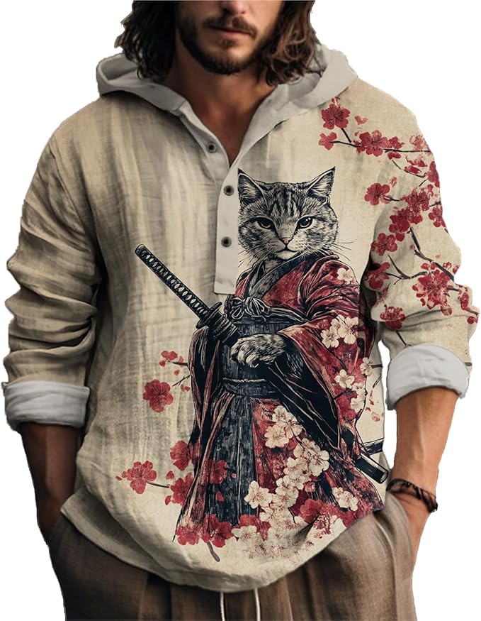 MARSVOVO Mens Japanese Art Long Sleeve Hooded Shirts Lightweight Quarter Button Hoodie Casual Cool Tops for Spring Fall