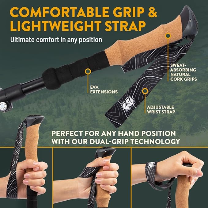 Premium Foldable Hiking Poles by USA Brand - Adjustable, Lightweight Trekking Poles Made of Aircraft Aluminum, Metal Flip Locks & Comfortable Real Cork and EVA Foam Grips