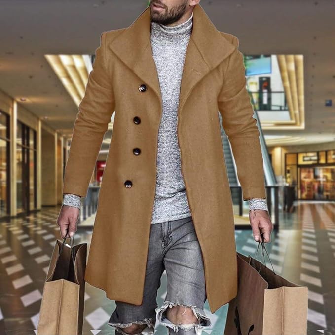 Men's Plaid Long Trench Coat Mid - Length Lapel Collar Button Down Warm Overcoat for Winter & Autumn Fashion