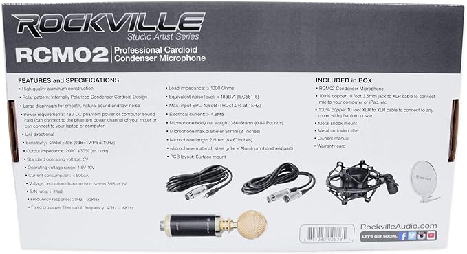 Rockville RCM02 Pro Studio Condenser Microphone, Cardioid Pattern, All-Aluminum Chassis with Steel Basket, Dual Connectivity XLR and 3.5mm, Shock Mount, Cables, for Recording and Podcasting
