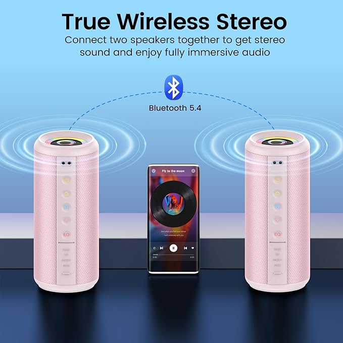 Portable Bluetooth Speaker, 2026 Bluetooth 5.4 Wireless Speaker with 20W HD Loud Stereo Sound, 20H Playtime, LED Lights, IP7, TWS Pairing, Built-in Mic, for Outdoor, Home, Beach, Party, Gift, Pink