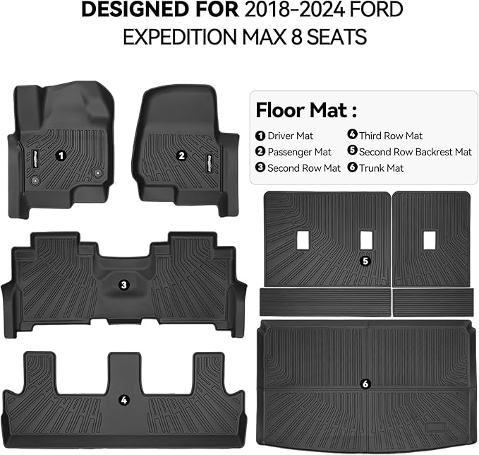 Floor Mats for 2018-2024 Ford Expedition Max 8 Seats(2 Row Bench Seat), Trunk Mat and Backrest Mat All Weather TPE Protector for Ford Expedition Accessories