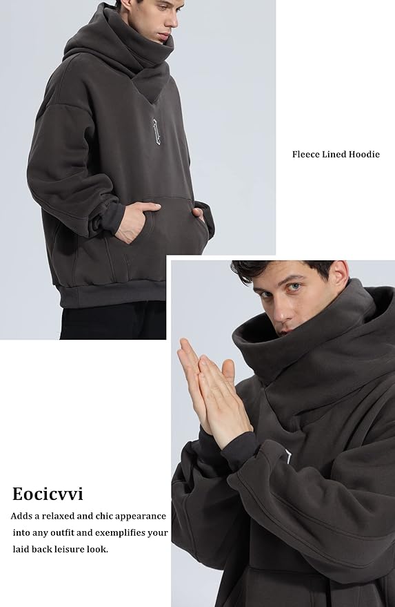 Fleece Hoodies for Men Cowl Neck Sweatshirts Hood with neck Gaiter Casual Pullover Fall Winter with Embroidery