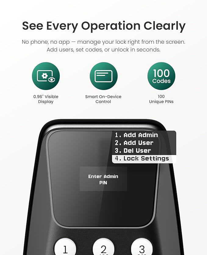 DESLOC C100 Keyless Entry Door Lock with Keypad, Smart Deadbolt Lock for Front Door with 2 Keys, Auto Lock, Easy Installation, 100 PIN Codes, IP54 Waterproof, BHMA Grade 3, Black
