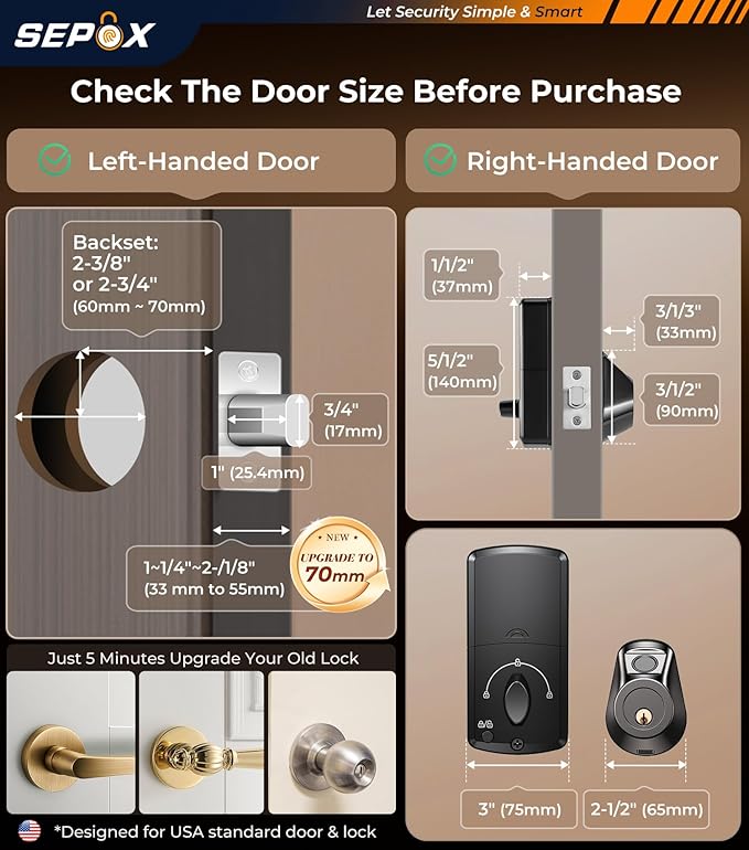 SEPOX® Satin Nickel Smart Deadbolt Door Lock, 5-in-1 Keyless Entry (Fingerprint, Tuya APP, WiFi, Bluetooth, Key) Auto Lock, Reversible Left Right for Exterior/Interior Entry Door