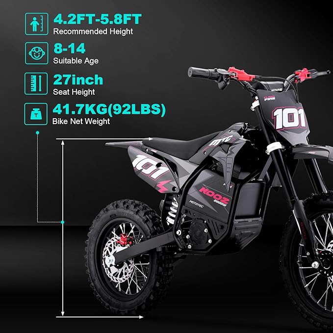 KOOZ HP115E 40MPH 60V 3000W Electric Dirt Bike for Teens, Electric Motorcycle Ebike with L-ion Battery, 14"/12" Tires, Hydraulic Brakes, Mountain Off - Road Ebike for Aged 8-14