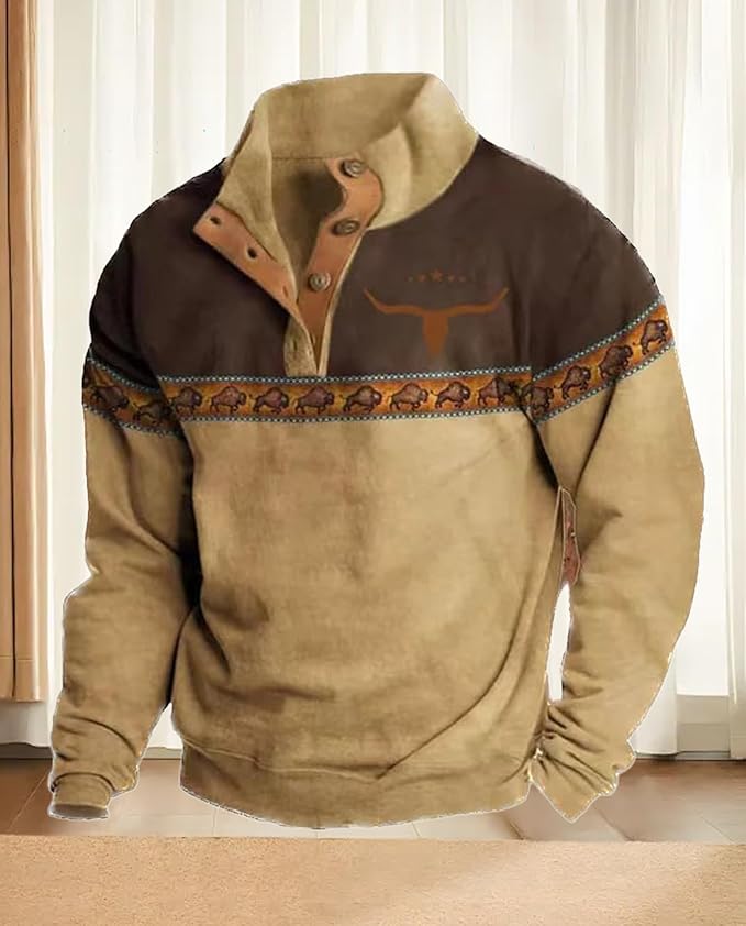 Western Sweatshirts for Men Aztec Retro Pullover Quarter Zip Sweatshirt Mens Stitching Color Fleece Sweatshirt