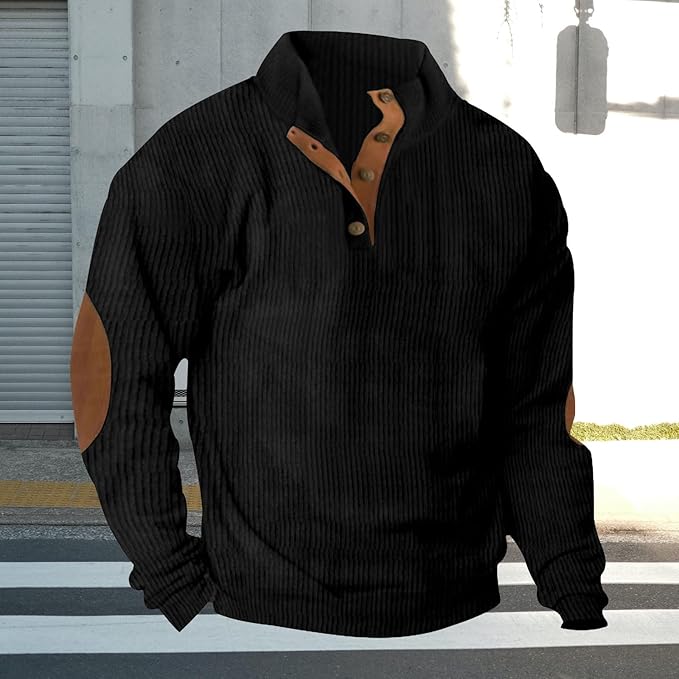 Men's Casual Corduroy Sweatshirt Long Sleeve Elbow Patches Pullover Fashion Stand Collar Quarter Button Sweatshirts