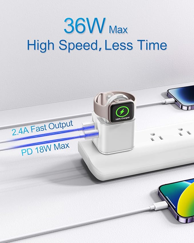 36W for Apple Charging Block with Built-in Watch Charger, Foldable PD Fast Charger Block for iPhone, Dual Ports Wall Charger Compatible with Apple Watch iPhone AirPods (White)
