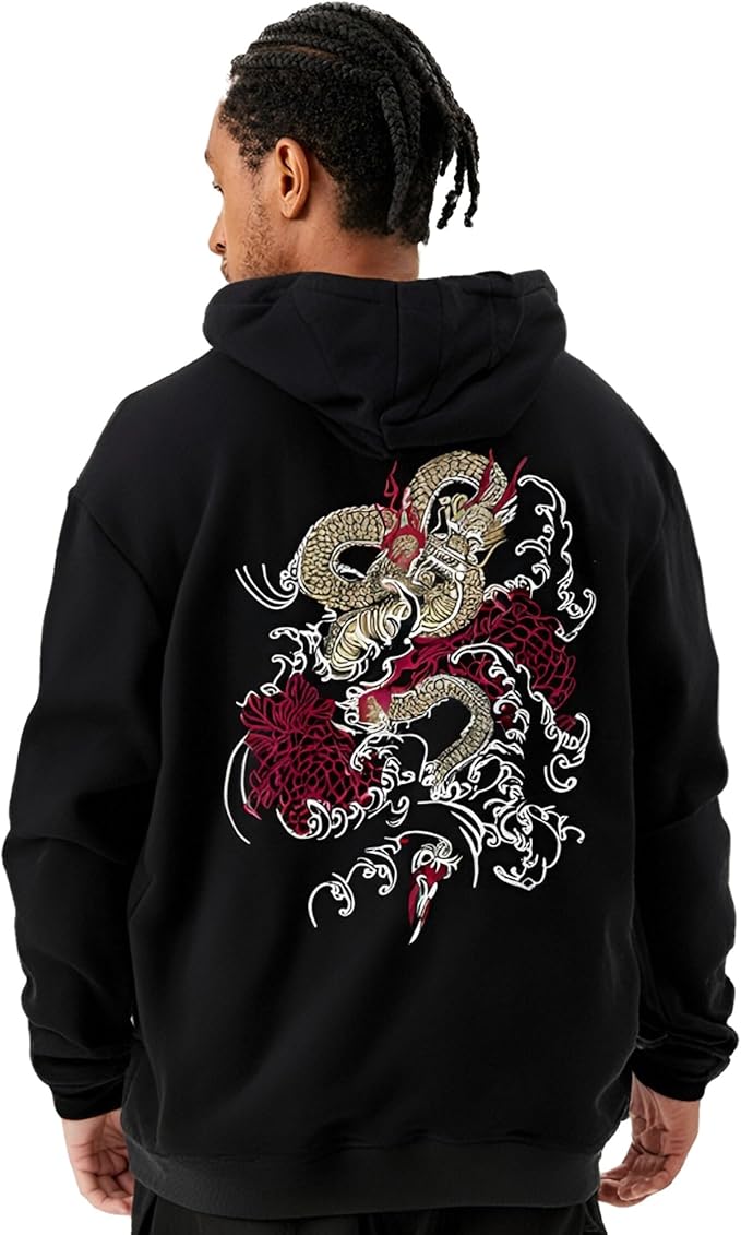 Streetwear Men's Dragon Embroidered Heavyweight Graphic Hoodies Japanese Techwear baggy Anime Hoodie