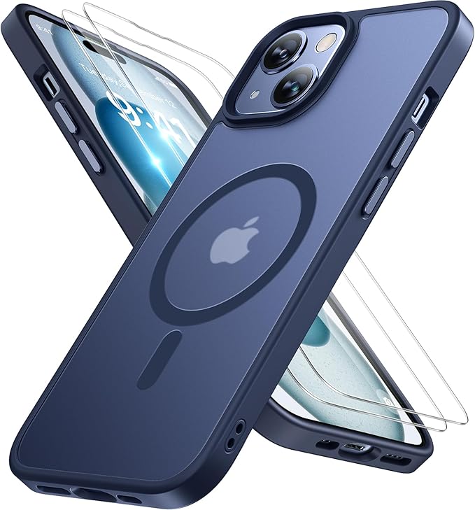 Miracase Magnetic for iPhone 15 Case (Compatible with MagSafe)（with 2X Screen Protectors） Military-Grade Protection, Anti-Fingerprint Translucent Matte Phone Cover for iPhone 15 6.1 inch, Dark Blue