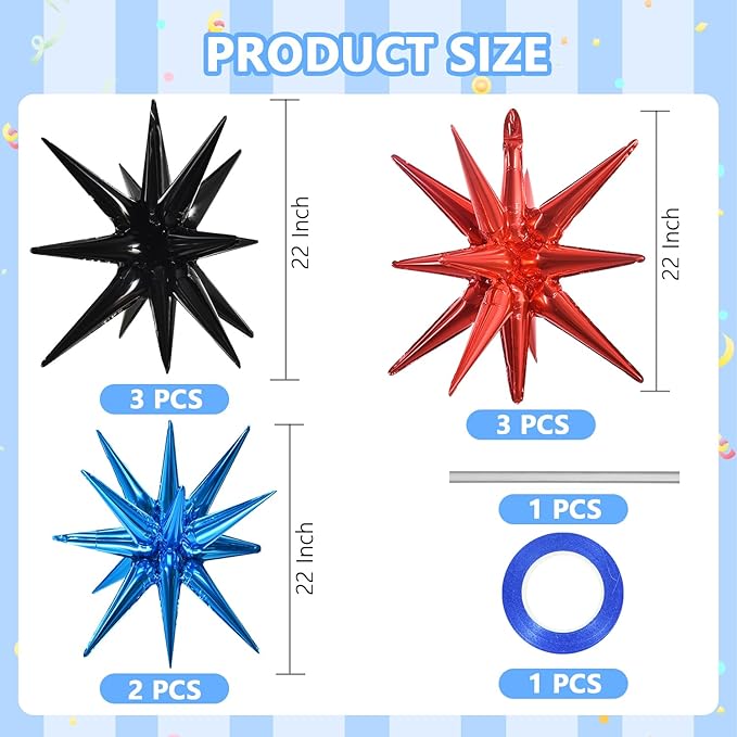 TONIFUL 8 Pcs Black Red Navy Blue Foil Balloons Large Star Balloons Explosion Star Mylar Balloons for Party Backdrop Christmas New Year Birthday Wedding Baby Shower Anniversary Photo Booth Supplies