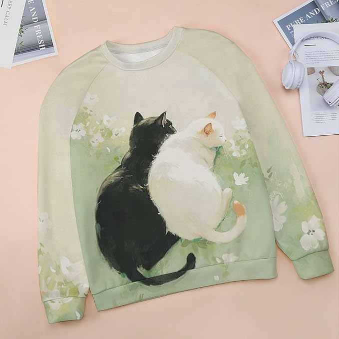 Long Sleeve Shirts for Women Cat Printed Fall Winter Dressy Holiday Casual Fashion Crewneck Tunic Tee Shirts