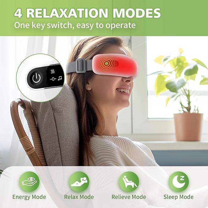 NOWWISH Eye Massager with Heat, Vibration and Bluetooth Music for Migraine Headache Eye Strain Relief, Cordless Heated Eye Mask with 4 Massage Modes, Relaxation -Christmas Gifts for Women Men -White