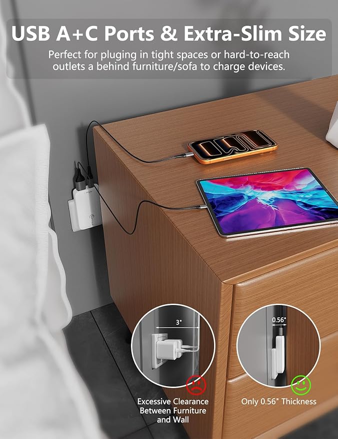 45W Flat USB Charger Block with GaN Tech, Compact USB C & USB A Dual Port Wall Charger for iPhone 17,16,15,14,13,iPad, AirPods, Galaxy S25/S24/S23 (2 Pack)