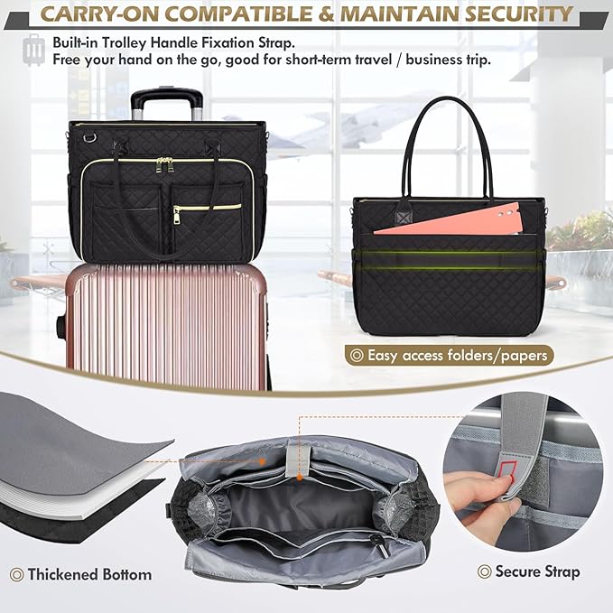 RAINSMORE Teacher Tote Bag 15.6 inch Laptop Bag for Women Work Bags Laptop Tote Nurse Bag Professional Computer Messenger with Insulated Pocket, Laptop Briefcase for Office, College, Nursing, Black