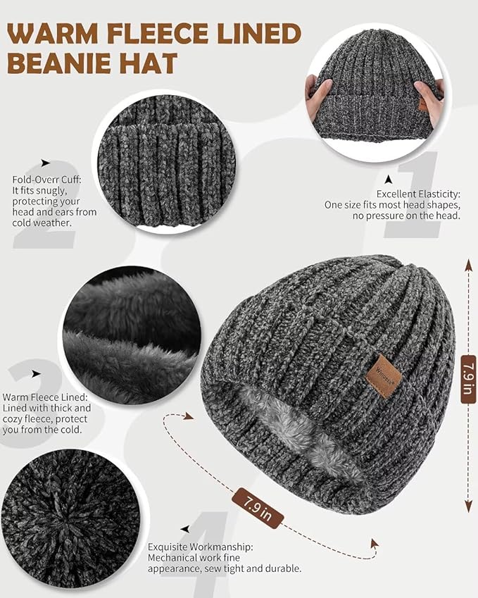 Women Beanie Scarf Gloves Headband Set, Chenille Winter Hats Fleece Lined Ear Warmer Knit Scarf Touchscreen Gloves 4 Gift Set