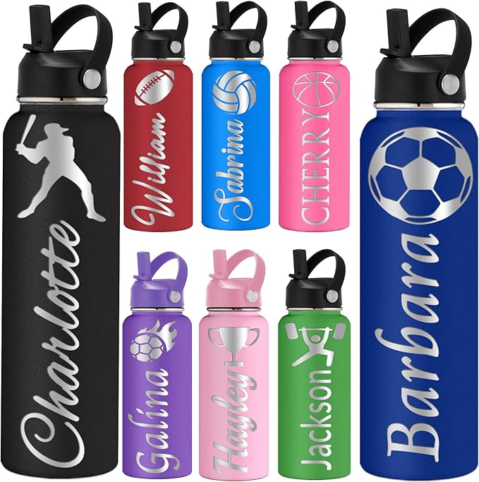 kioskbanks Custom Water Bottle 12/18/24/32/40oz Personalized Water Bottles for Kids Engraved Name Personalized Stainless Steel Water Bottles with Straw Lid