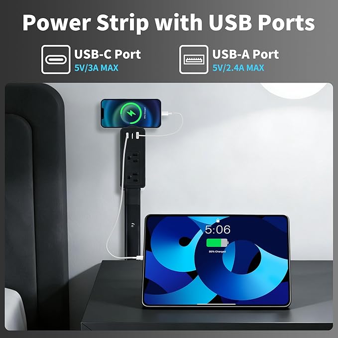 Extendable Outlet Extender Stick with 2 AC Outlets, USB-A & USB-C, 8.3"–36.1" Adjustable Length, 360° Rotatable Modular Design, Fireproof Housing & Overload Protection for Couches, Beds, Desks
